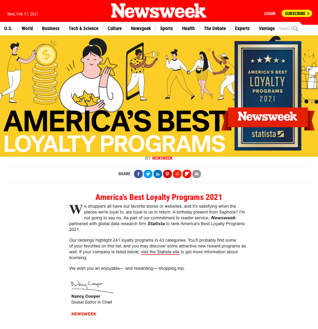 Newsweek: America's Best Loyalty Programs 2021