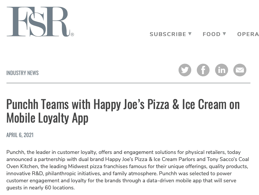 Punchh Partners With Happy Joe’s Pizza & Ice Cream to Power Mobile Loyalty App
