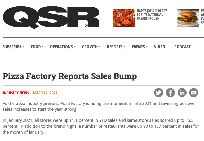 QSR: Pizza Factory Reports Sales Bump
