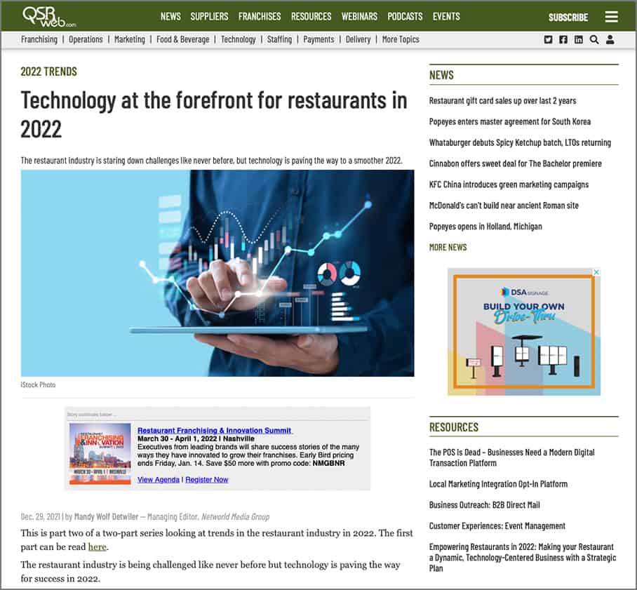 QSR Web: Technology at the forefront for restaurants in 2022