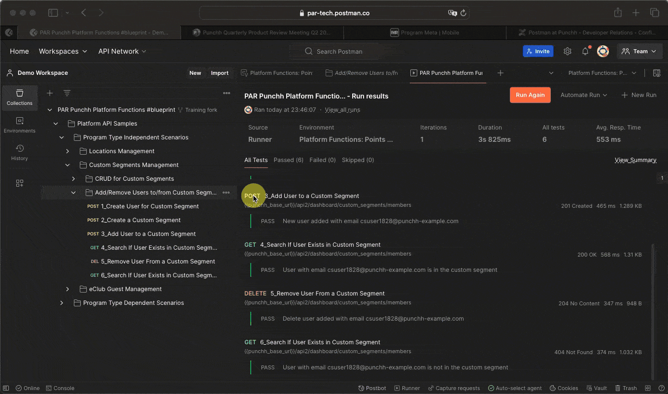 See how to browse the results from running the folder. The results show the API call and the tests passed in the middle, and the request headers, request body, and response body.